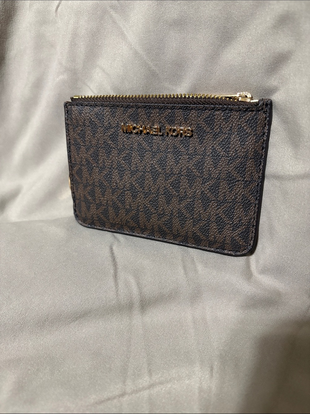 Michael Kors Brown Monogram Zip Key Card Case with Gold Hardware